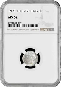 Hong Kong 5 Cent 1890 H, NGC MS62, "Queen Victoria (1863 - 1901)" Silver Coin - Picture 1 of 2