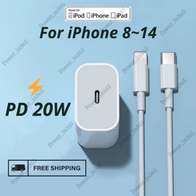 PD 20W Fast Charger Power Adapter Block For iPhone 14 13 12 11 X 8 XR USB-C Cord - Image 1 of 4
