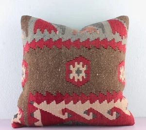 Decorative handmade Turkish Kilim Pillow Cover 16x16 Red Brown Kilim Sofa Pillow - Picture 1 of 10