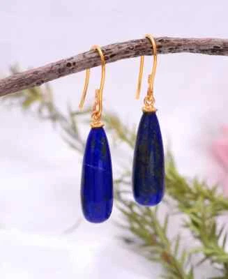 22.15CT Natural Lapis Lazuli Earring Drop Dangle Teardrop Earring 14k Solid Gold - Image 1 of 4