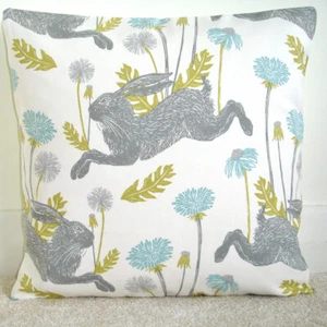 Hare Cushion Cover 16" Grey Duck Egg Ochre Hares Rabbits Square 16x16 - Picture 1 of 2