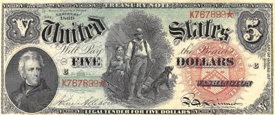 USA  $5  Act. of  3.3.1863  Series  K-*  Facsimile  Uncirculated Banknote ZD 3 - Image 1 of 2