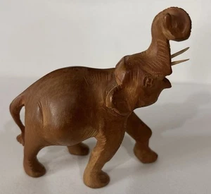 VINTAGE HAND CARVED SOLID Medium WOOD WALKING/RAISED TRUNK ELEPHANT FIGURE 3” - Picture 1 of 6