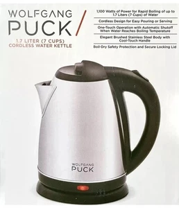 Wolfgang Puck Cordless Water Kettle 1.7 Liter Auto Shutoff Brushed Stainless NEW - Picture 1 of 3