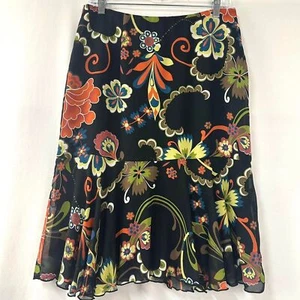 BENTLEY A. Y2K Black Multicolor Floral Midi Skirt Ruffles Womens 8 Fairy Whimsy - Picture 1 of 6