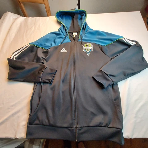 Adidas Seattle Sounders FC Mens Large Hooded Track Jacket Black Blue Full Zip Cover