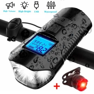 USB Rechargeable LED Bicycle Bike Headlight Rear Tail Light Speedometer Odometer - Picture 1 of 12