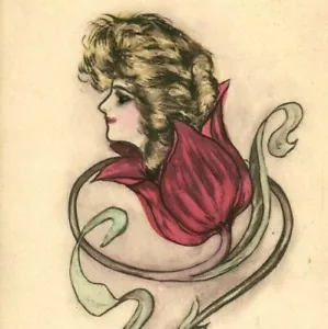Lovey Flower Face Anthropomorphic Pink Tulip Pretty Lady Hand Colored Art 5534 - Picture 1 of 3