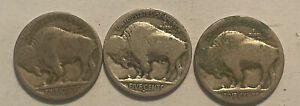 Lot of 3 1917 D Semi-Key Date Buffalo Nickel Date Restored (L33) FREE SHIPPING