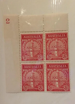 Australia SG 154 Red Anzac 1935 predecimal Left corner block of 4 stamps NEW MNH - Image 1 of 2