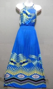 S Royal Blue Yellow Summer Sun Dress Boho Sundress Maxi Hawaiian Ocean Vacation - Picture 1 of 3