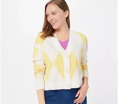 Cárdigan Issac Mizrahi Amarillo Blanco Argyle Botón Tejido Talla Grande Preppy XS Foto 1 de 4