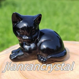2'' Natural Obsidian Cat Carved Quartz Crystal Skull Animal Statue Healing 1pc - Picture 1 of 23