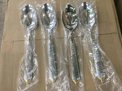 (4) Yamazaki BYZANTINE STAINLESS (GOLD ACCENT) Pierced Table spoon $145 retail