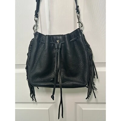 Rebecca Minkoff Boho Fringe Moto Bucket Bag - Black Pebbled Leather - Image 1 of 4