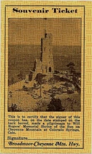 BROADMOOR CHEYENNE MOUNTAIN HWY WILL ROGERS 40er SOUVENIR TICKET COLORADO SPRINGS - Bild 1 von 1