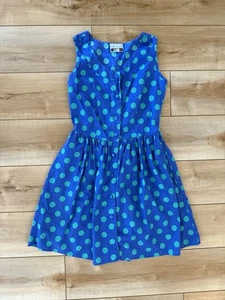 Vintage 80er Kleid Polka Dots Taschen blau grün Valley Girl Retro 100% Baumwolle Small - Bild 1 von 11