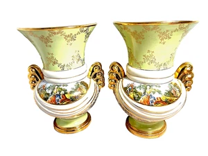 VINTAGE PR ABINGDON POTTERY USA VASES, OLD WORLD IMAGE 10.5" GOLD SCROLL HANDLES - Picture 1 of 13