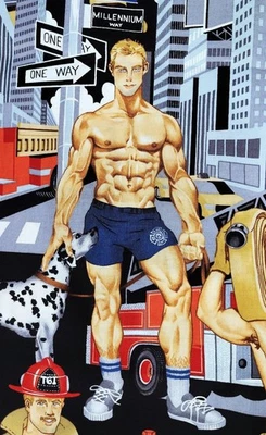 Ready for Action Firemen Sexy Hunk Pinup Alexander Henry Cotton Fabric BTY - Image 1 of 4