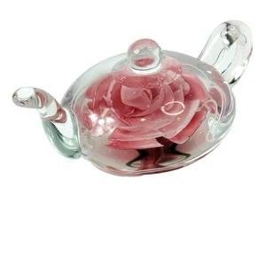 Pink Rose Glass Teapot Paperweight Dynasty Gallery Heirloom Collectible Flower - Picture 1 of 6