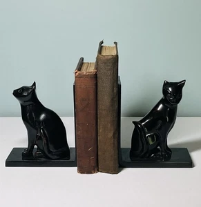 Set Of Vintage Art Deco MCM Mid Century Modern Regal Black Cat Bookends - Picture 1 of 12