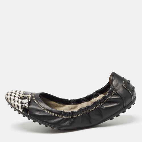 TOD’S Piastrelle da balletto scrunch in pelle nero bianco dettaglio fiocco taglia 37 5