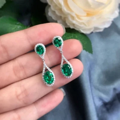 3Ct Lab-Created Emerald Halo Drop/Dangle Stud Earrings 14K White Gold Plated - Image 1 of 4