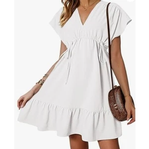 Dokotoo Kurzarm V-Ausschnitt Taille Kordelzug Rüschen A-Linie Minikleid - XLarge - Bild 1 von 4