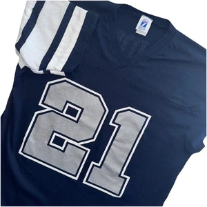 Vintage Dallas Cowboys Deion Sanders “Logo 21” Large V-Neck T-Shirt Jersey Blue - Picture 1 of 10