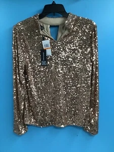Cable & Gauge Gold Sequin Long Sleeve Blouse With Keyhole Back Size S - Picture 1 of 6