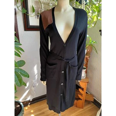 Vestido Suéter Ralph Lauren Negro Seda Cachemira Borde Cuero Marrón Foto 1 de 4