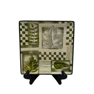 Lovely Square Plate Adorned with Green Leaves and Various Textures Hand Painted - Picture 1 of 2