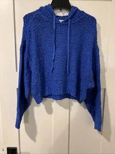 Maglione Anthropologie Pilcro nuovo senza etichette uncinetto con cappuccio blu royal oversize piccolo - Foto 1 di 5