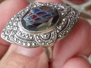 Silber Art Deco große facettierte ovale Hämatit Zargenfassung & Markasiten Ring. Größe O - Bild 1 von 9