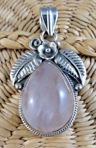 New Rose Quartz Pear Cabochon Squash Blossom Pendant 925 Sterling Silver #111 - Picture 1 of 11