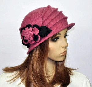 Pink Wool Acrylic Cute Flowers Winter Brim Hat Cap Beanie Women's - Picture 1 of 4