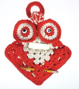 Granny Crochet Hoot Owl Kitchen Wall Decor Note Holder Red & Tan Retro Vtg 80s - Picture 1 of 4