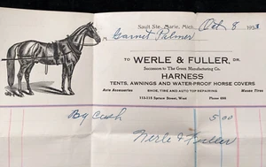 Antique 1923 WERLE & FULLER Horse Harness Billhead Sault Ste. Marie, Michigan - Picture 1 of 5