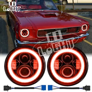 For Ford Mustang 1965-1973 Pair 7 Inch Round LED Headlights RED Halo Angel Eyes - Picture 1 of 12