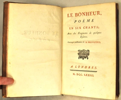 HELVETIUS BONHEUR GENEVE 1773 OEUVRES POSTHUMES ED ORIGINALE RELIURE TRES USAGEE - Photo 1/4