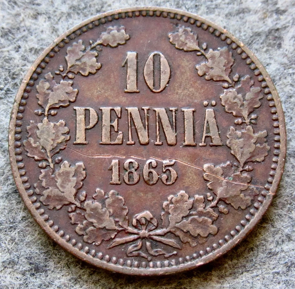 FINLANDIA GRAN DUCADO Provincia Rusa Aleksandr II 1865 10 PENIQUES, Arañazo de Cobre Foto 1 de 4