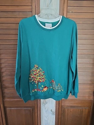 Женский зеленый пуловер Alfred Dunner толстовка топ 1X вышитая осенняя сцена - Изображение 1 из 4