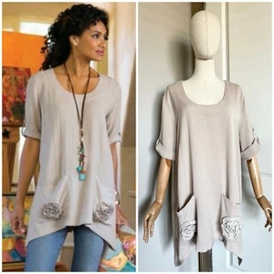 Soft Surroundings Size L Beige Bloom Gauze Tunic Flower Applique Pockets Boho - Bild 1 von 16
