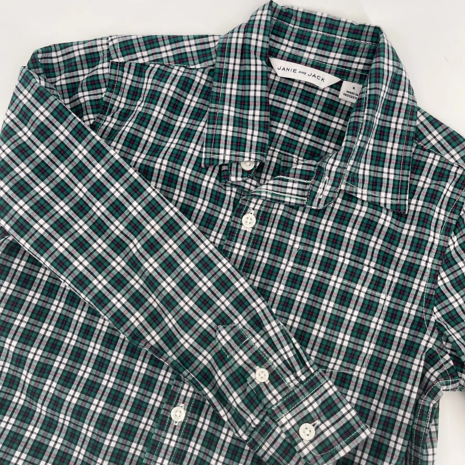Camisa Janie and Jack a Cuadros Abotonada Manga Larga Verde Blanco Talla 6 Foto 1 de 4