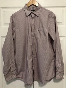 Nautica Mens Shirt Sz Large Red Blue Stripe Cotton Long Sleeve Button Up Collar  - Picture 1 of 11