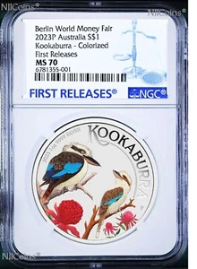 2023 Berlin Show WMF Australia Kookaburra Silver NGC MS70 1oz $1 Coin FR Blue LB - Picture 1 of 4