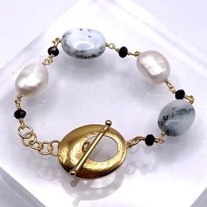 Rarities Goldtone Blue/White Opal, Pearl, & Spinel Toggle Bracelet - S/M - NIB - Picture 1 of 11