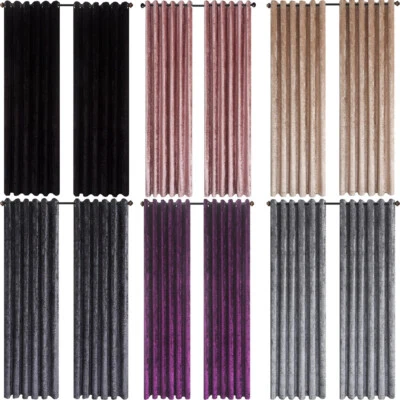 Crushed Velvet Curtains Eyelet Ring Top Ready Made Lined Curtain Pair Panels - Image 1 of 4