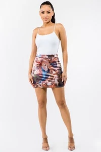 Womens Mini Skirt Satin Renaissance Print - Picture 1 of 6
