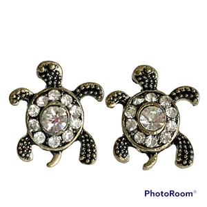 Sea Turtle Post Earrings Crystal Gold Tone Plated Nautical Island Beach Dainty - Picture 1 of 12